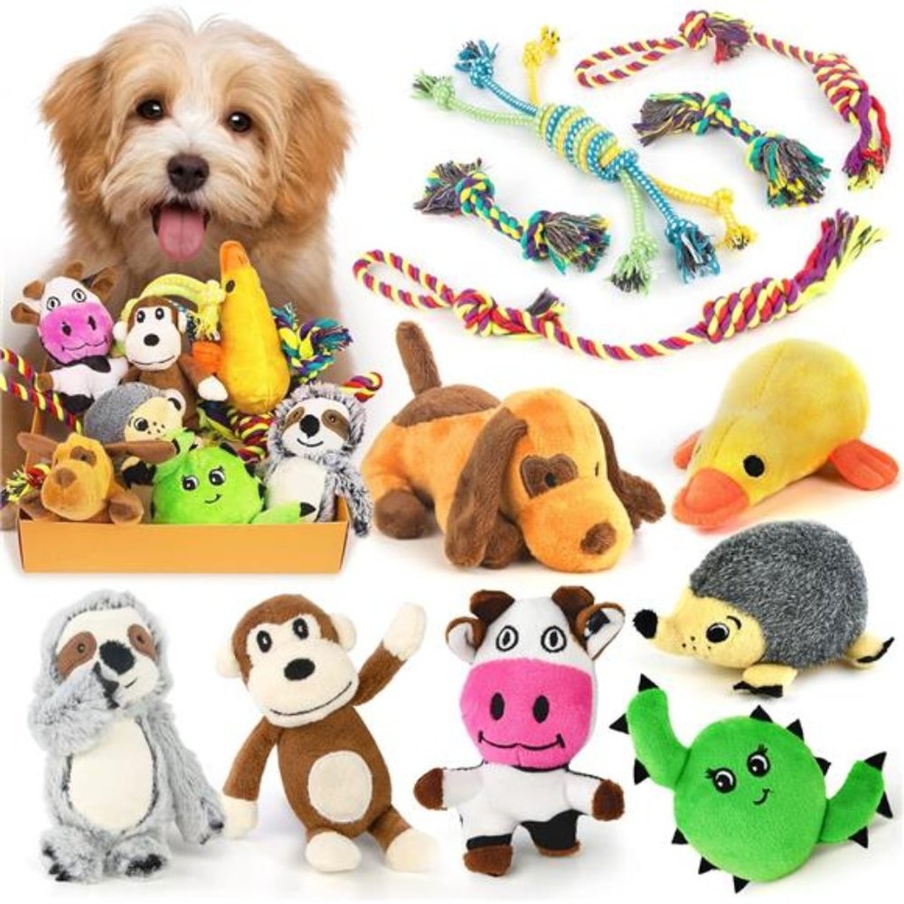 12 Pack Dog Squeaky Toys For Teething Cute Stuffed Plush Bundle Natural Cotton